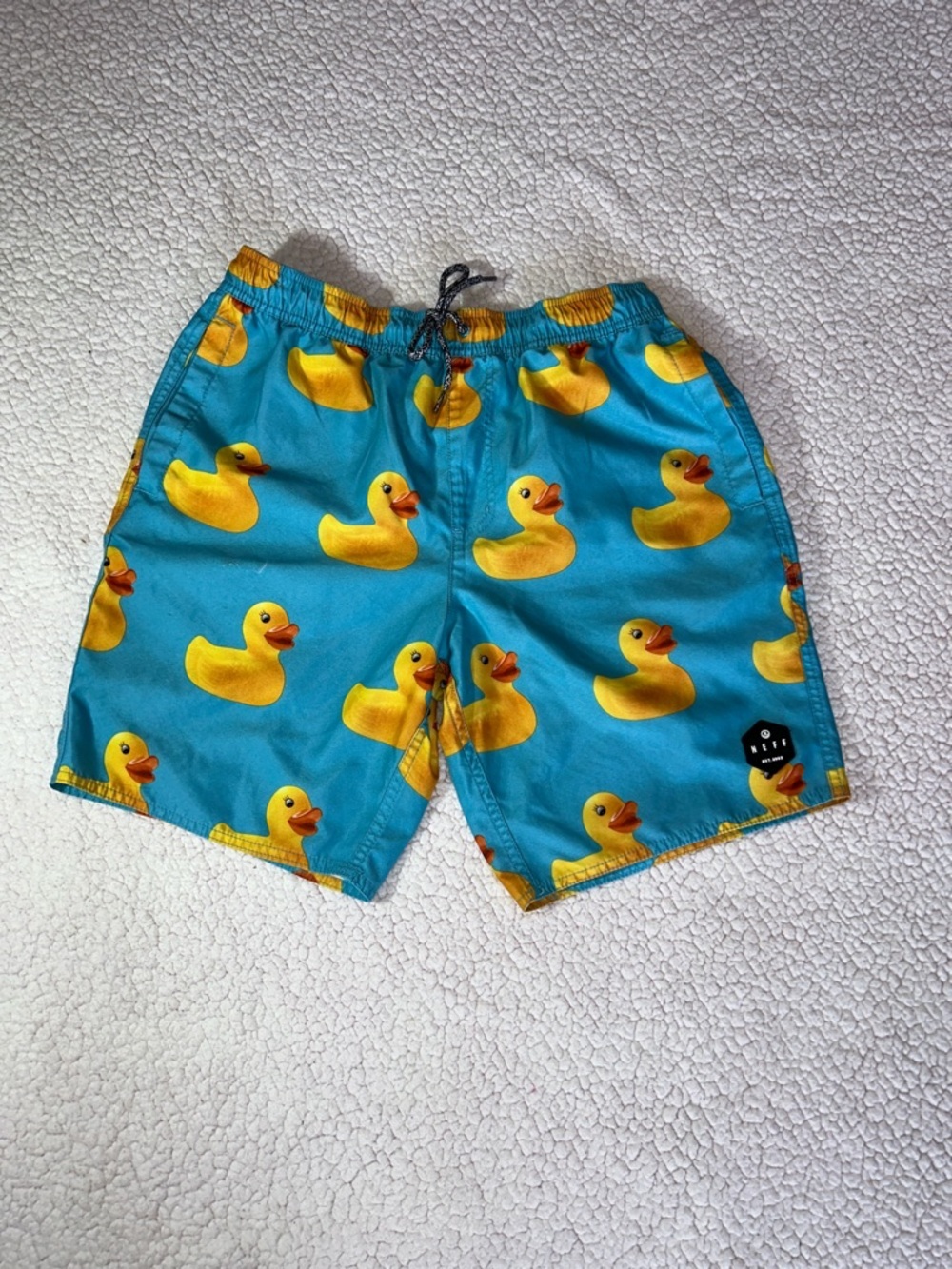Neff Teal Swim Shorts with Yellow Rubber Duck Print